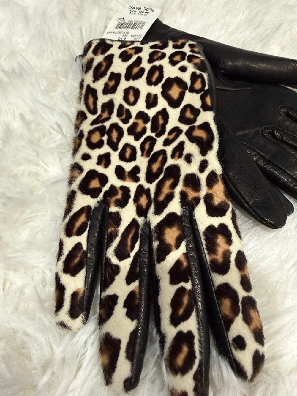 Bloomingdale's Black Leather Gloves with Leopard-Print Back